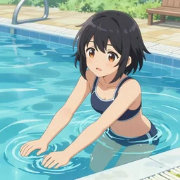An illustration of a single teenager girl as Genshin Impact, light skin, playing at swiming pool, japanese high school, digital painting, comic book's cover, highly detailed, sharp focus, art by Yabuki Kentarou, trending on Pixiv.