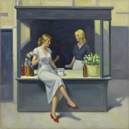 blond woman with red and blue shoes in israel, salsa vendor, oil on canvas by edward hopper