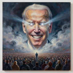 large abstract painting of giant grinning evil dynamic low-opacity Joe Biden head emerging from cosmic clouds at giant immense crowd of person army, trending on ArtStation, masterpiece, by Greg Rutkowski, by Ross Tran, by Fenghua Zhong, octane, lightbeam eyes, soft render, clear facial features, oil on canvas,, moody lighting, lights beaming out of eyes, cinematic, professional environment concept art