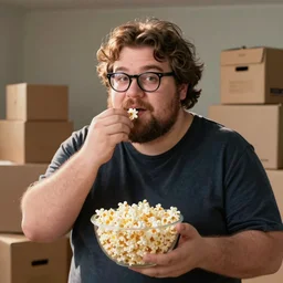 moving day disaster. photo of chubby man wavy brown hair and glasses and short beard eating popcorn, boxes in the background