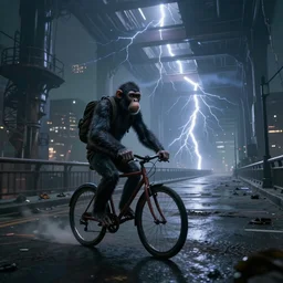 post apocalyptic digital scene with ape riding a bike in a urban bridge with cinematic lightening and perspective