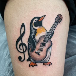 a tattoo design of a penguin singing a bass clef