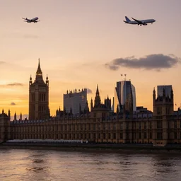 London at sunset, planes in the background, artstation