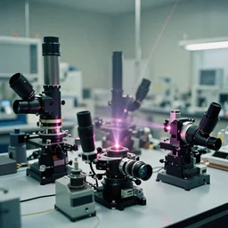 a lot of big high tech optical instruments fixed on a large table, extremely detailed, laser focused beams, hazy atmosphere, few colors, scientific laboratory experiments, photoreal, new equipment, analog nikon photo, dust particles in the air, blurred background