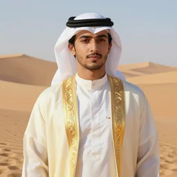 full figure beautiful young arab man, dressed in expensive clothes, luminous scene, by greg rutkowski and alphonse mucha, d & d character, gradient white to gold, in front of a dune desert background, highly detailed portrait, digital painting, artstation, concept art, smooth, sharp focus illustration, artstation hq