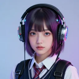 stunning photorealistic portrait of cute cyber punk high school girl from Japan. she is wearing heavy complicated future headsets. award winning, taken by canon 5d mk4, art lens, perfect lighting