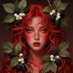 a wonderful crimson goddess, lots of branches, leaves and white berries of blackberries, wonderful eyes, symmetrical, fantasy, highly detailed, realistic, complex, fantasy, over - detailed, elegant, complex, dynamic lighting, hyperrealism, digital art, digital painting, artstation, wlop, clear focus, illustrations by filipe pagliuso and justin gerard