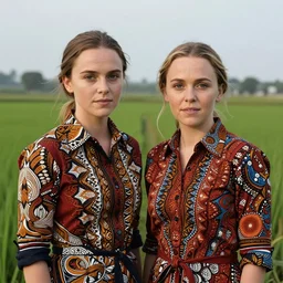 portrait of lindsey pelas and emilia clarke wearing tied batik shirt in a paddy field, by charlotte grimm, studio light, detailed face, canon eos c 3 0 0, ƒ 1. 8, 3 5 mm, 8 k, medium - format print, half body shot