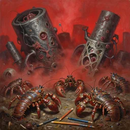 fine art oil painting pencils varied muck wheel jeweled, filthy rugated armored crustaceans clawing & terrified as massive brutalist rolling aggro - structures, claustrophobic cilia sporing pox, final battle failure, red mustard gas fog, by alex nino by francesco blanc, geof darrow, bisley, b wolverton & by jack gaughan high resolution