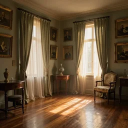 inside a 1 9 th century home, morning, sheer curtains, lots of framed art hanging on the walls, polished wood floor, rays of light, golden hour, dust, antique furniture, photorealism, by vilhelm hammershøi