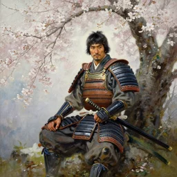 an oil painting of a male samurai warrior ( katana, armor ) sitting under a cherry tree with white blossoms, greg rutkowski, edward robert hughes, tony sart