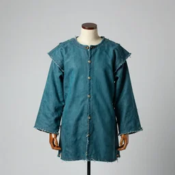 an award - winning photo of a ancient male model wearing a plain baggy teal distressed medieval designer menswear cloth jacket slightly inspired by medieval armour designed by raf simons, 4 k, studio lighting, wide angle lens
