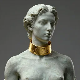 a portrait of a stoic statue wearing a neck collar made of gold, cyberpunk, aesthetic, naturel, hyper detailed, digital sculpture, trending in artstation, cinematic lighting, studio quality, smooth render, unreal engine 5 rendered, octane rendered, art style by klimt and nixeu and ian sprigger and wlop and krenz cushart