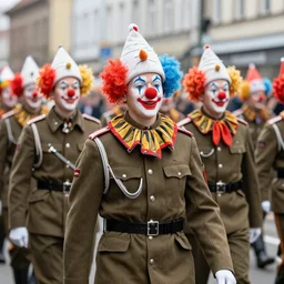 a parade of the german army, the army is wearing clown hats.