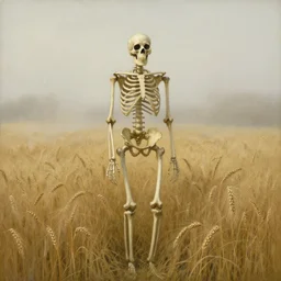 a skeleton standing in a stomry, foggy wheat field, in the style of andrew wyeth, fine details
