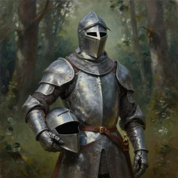 knight holding his helmet in a forest. by Daniel F. Gerhartz, hyperrealistic oil painting, 4k, studio lightning