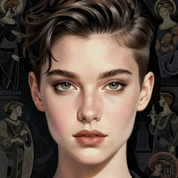 Hila Klein closeup filled background around face, teddy fresh, undercut hairstyle, dark light night, intricate, elegant, sharp focus, illustration, highly detailed, digital painting, concept art, matte, art by WLOP and Artgerm and Greg Rutkowski and Alphonse Mucha, masterpiece