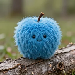 a blue furry apple on a log