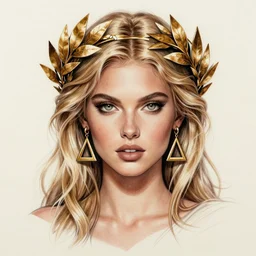 tattoo sketch of hot blonde super model as aphrodite the greek goddess wearing a gold laurel wreath and triangle earrings, beautiful piercing gaze with sharp pupils, in the style of greg rutkowski, fantasy, amazing detail, epic, elegant, smooth, sharp focus, front view
