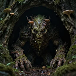 cave in forest, full frontal view, a face peeking out of a dark cave, a extremely scary horror photograph of a fantasy creature made out of nature and fungus, intricate, hyperrealism, sharp focus, cinematography, highly detailed, octane render, horror cgi 4 k, matte, photograph by professional photographer