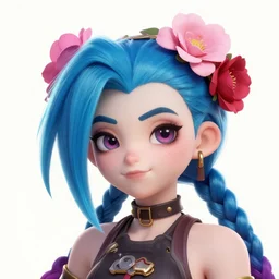 cute portrait of jinx from league of legends with flowers in her hair, blue, light pink and red color scheme. highly detailed, league of legends, artgerm, cushart krenz, artstation, soft light, sharp focus, illustration, character design, concept art