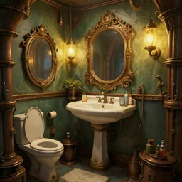 a beautiful insanely detailed matte painting of a steampunk bathroom, sharp, ray tracing, ambient occlusion, octane render, intense colors, by moebius, by greg rutkowski, by rossdraws
