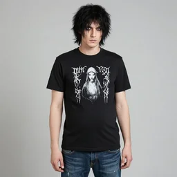 pregnant goth man, tee shirt and jeans, black hair