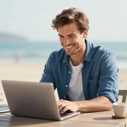 stock photo of happy man working on laptop at beach, bokeh