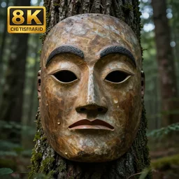 ancient mask in the forest!, realistic, 8 k, extremely detailed, cgi, trending on artstation, hyper - realistic render, 4 k hd wallpaper, premium prints available, octane render, award winning, by greg rutkowski