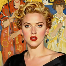 closup portrait of scarlette johansson as noir femme fatale by sabbas apterus and james jean, bright saturated colors, concept art, beautiful composition, digital painting, trending on artstation, mucha