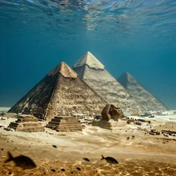 the pyramids of gizeh underwater, lots of fishes everywhere, epic, ultra realistic, 4K, krenz cushart-n4