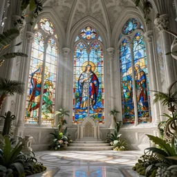 celestial gardens, stained glass windows, hanging gardens, gothic, neo - gothic, art nouveau, polished white marble, hyperdetailed ornate silvered medieval icon, daniel merriam, john stephens, concept art, aetherpunk, unreal engine, detailed intricate environment, octane render, godrays, ultrasharp, whimsical, ethereal, beautifully lit