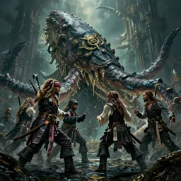 pirates fighting giant kraken, cinematic atmosphere, maximized, high detail, 8k, ornate, dark fantasy, masterpiece, complex, film still from the movie directed by Denis Villeneuve