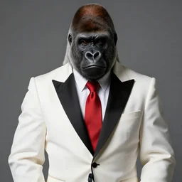 a gorilla wearing a nice white tuxedo wearing a red tie looking at the camera is a seductive manner, neoclassicism, 8 k, clear, coherent,