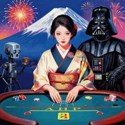 hyperrealistic composition of the detailed woman in a japanese kimono with the ( ( c 3 p 0 ) ) robot head sitting at a extremely detailed poker table with darth vader, fireworks, mountain fuji on the background, pop - art style, jacky tsai style, andy warhol style, acrylic on canvas