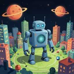 robot city on planet robot, in the style of machinarium