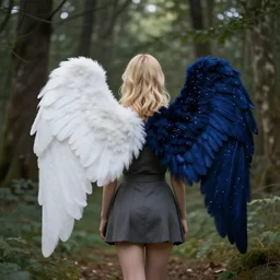 a female angel : : one white wing, the other a dark midnight blue with tiny stars inside it : : with blonde hair just past her shoulders, standing in a forest with her back to camera : : octane render : : 8 k