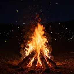 a campfire at night, fireflies flying around it, photography, artstartion, 4 k, 8 k