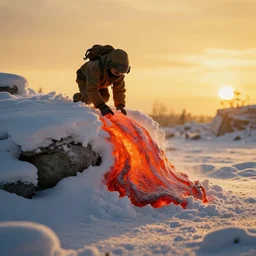 lava man on a snowy biome slowly melting snows, golden hours, heat wave, 4 k photoshop, photorealistic, 1 0 0 m, sharp focus, bokeh, movie shot, cinematic perspective, studio shot
