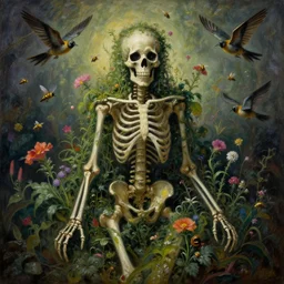 'Life from death' A beautiful detailed aesthetic horror painting depicting 'A skeleton with plants and flowers growing all over it, birds and bees flying all around it' by Odilon Redon and giuseppe arcimboldo, Trending on cgsociety artstation, 8k, masterpiece, cinematic lighting.