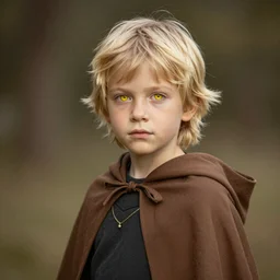 blonde kid with yellow eyes wearing a brown cape