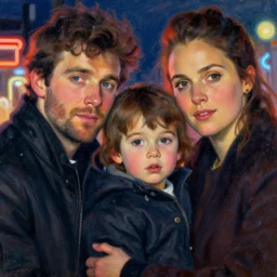 winter, family, colin farrell, jessica alba woman, with a kid, neon light, detailed faces, painting by gaston bussiere, craig mullins, j. c. leyendecker