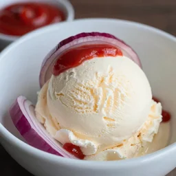 dslr food photograph of vanilla ice cream with red onion and ketchup, 8 5 mm f 1. 4