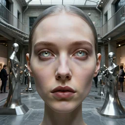 detailed face of a woman with opalescent eyes in a brutalist courtyard with brushed steel sculptures at a science expo, atmospheric, ambient, pj crook, syd mead, livia prima, artgerm, greg rutkowski, nick alm, casey baugh