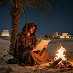 a hooded Druid sitting under a palm tree in the Egyptian desert reading ancient scrolls in the light from a small fire at night, brown cloak, desert, starry sky, an ancient city far in the distance, strong dramatic cinematic lighting, lost civilizations, smooth, sharp focus, extremely detailed
