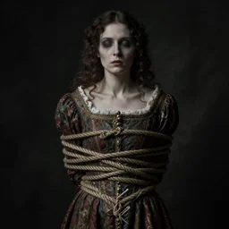 dark schizophrenia portrait, death not dresses body woman in medieval dress, strangled with rope, blur effect face, victorian style, high detail