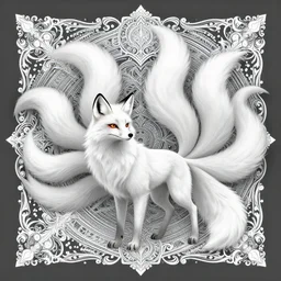 a beautiful full - body white fox with many tails, reiki, charming, alluring, scrollwork + white ink + magical + symmetrical + detailed intricate + heraldic design + epic + by peter mohrbacher and kentaro miura + high details, in the style of jean delville, artstation, 8 k, tarmo juhola, ivan laliashvili, james gurney, moebius, roger dean, wlop, victo ngai, 4 k, cinematic