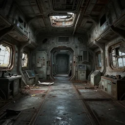 Interior of a abandoned and derelict spaceship from the computer game Dead Space, trending on artstation, realistic lighting, realistic reflections , highly detailed , 4K , 3D rendered with some Isekai thrown into the mix