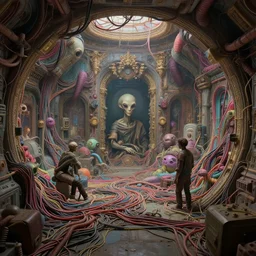 alien in spaceship interior covered with tubes wires by beksinski, psychedelic trippy visionary art, soft bloom lucid dream - like atmosphere, baroque painting, perfect composition, detailed octane render trending on artstation, 8 k artistic photography, volumetric cinematic perfect light, chiaroscuro, masterpiece, raphael, caravaggio, beksinski, rutkowski, beeple - h 7 6 8
