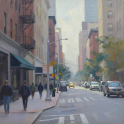 new york city street in the morning, oil painting by george tooker